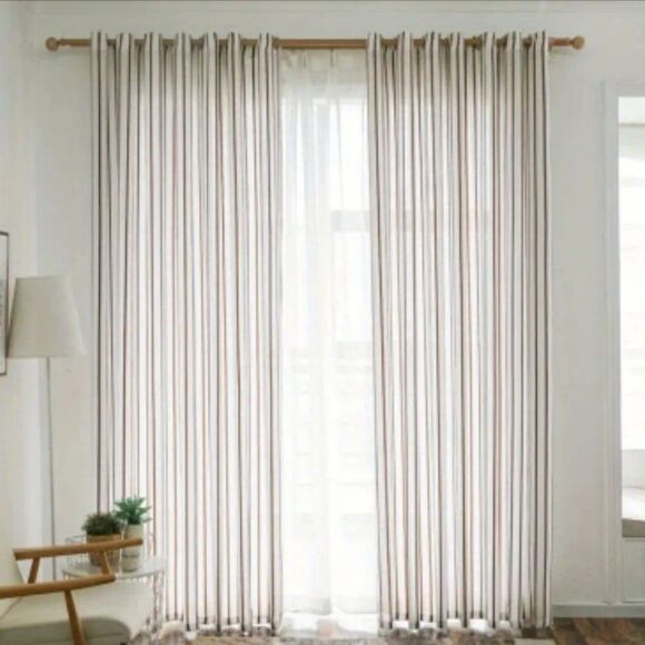Unbranded Pair of White and Brown Striped Curtains Size 52" X 63" NWOT - Picture 1 of 6